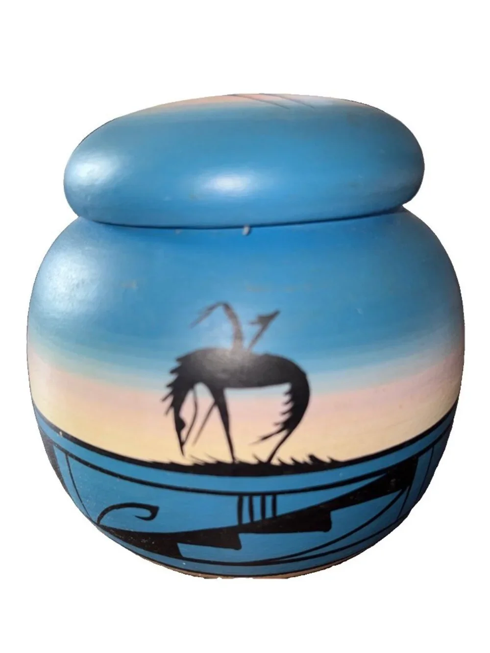 Vintage Hand Painted Navajo Pottery Lidded 4.5” Trinket Box Artist Signed w/lid
